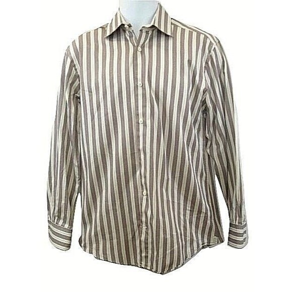 Bugatchi Uomo Dress Shirt Cuff Gray Pink Pinstriped EUC Mens Size M 15.5 - Picture 1 of 11